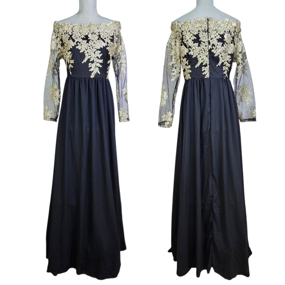 Elegant Black Gold Floral Lace Off Shoulder Maxi Dress XL Formal Evening Gown